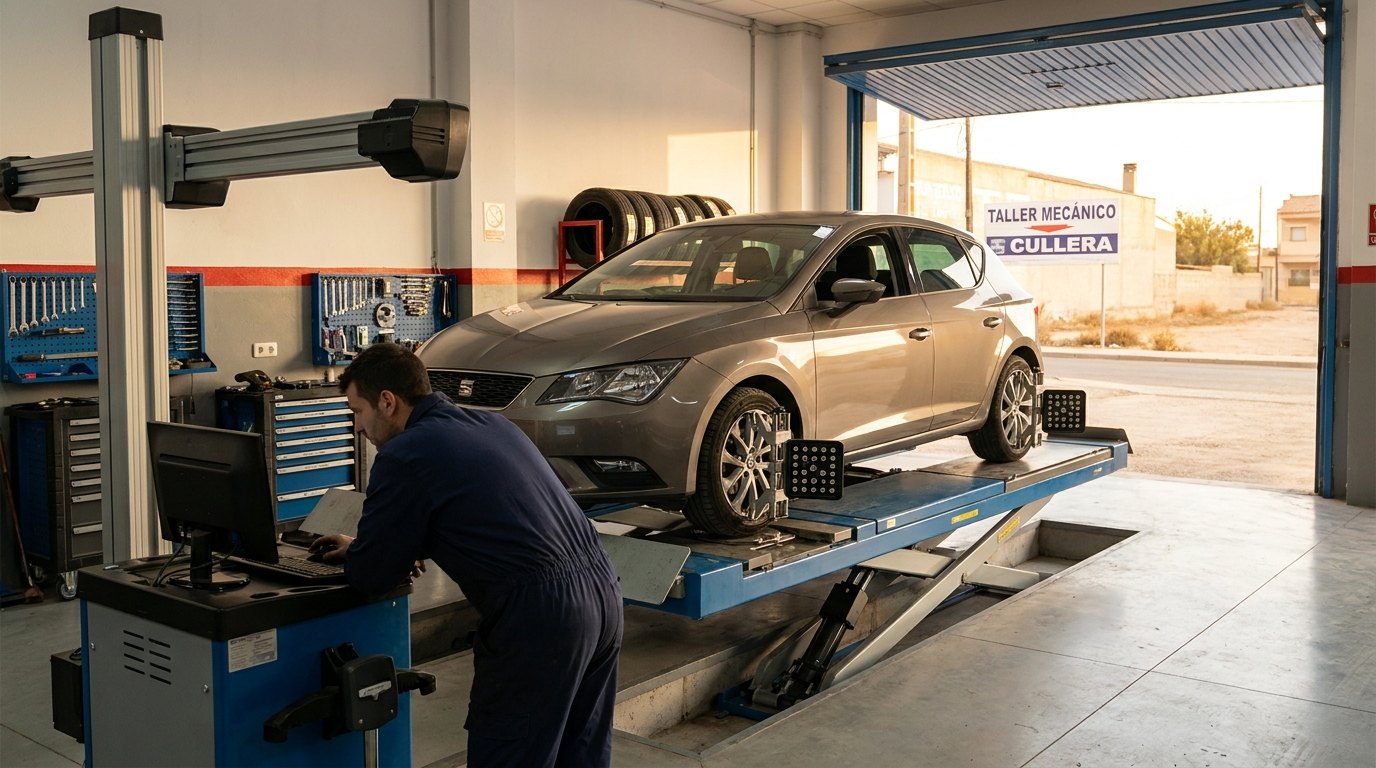 Coche sobre el banco de alineación con los sensores en las ruedas