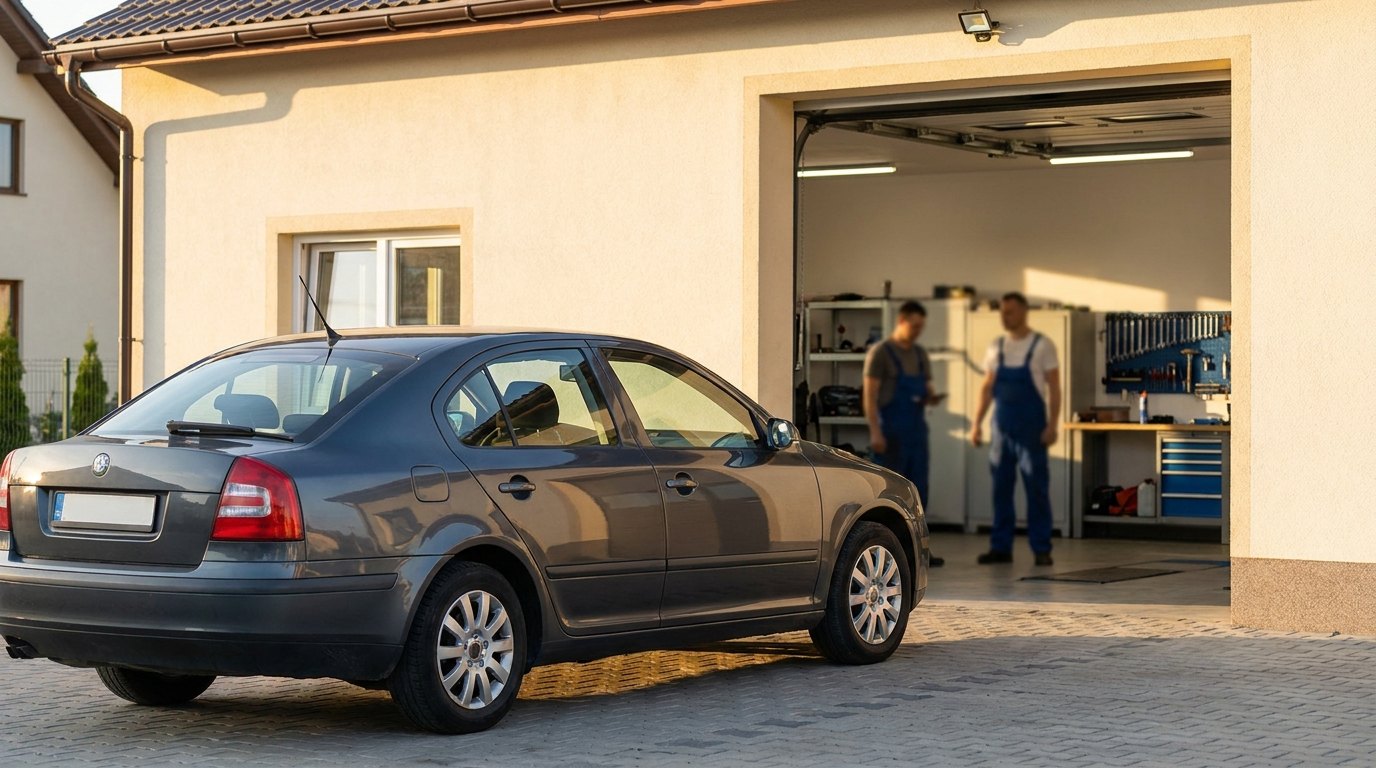 Coche revisado aparcado frente a la puerta del taller